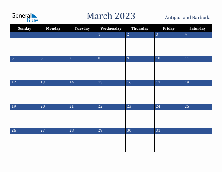 March 2023 Antigua and Barbuda Calendar (Sunday Start)