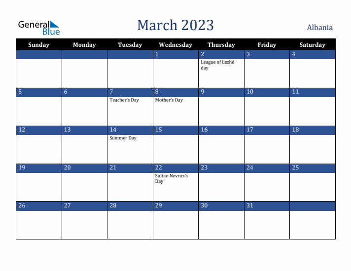March 2023 Albania Calendar (Sunday Start)