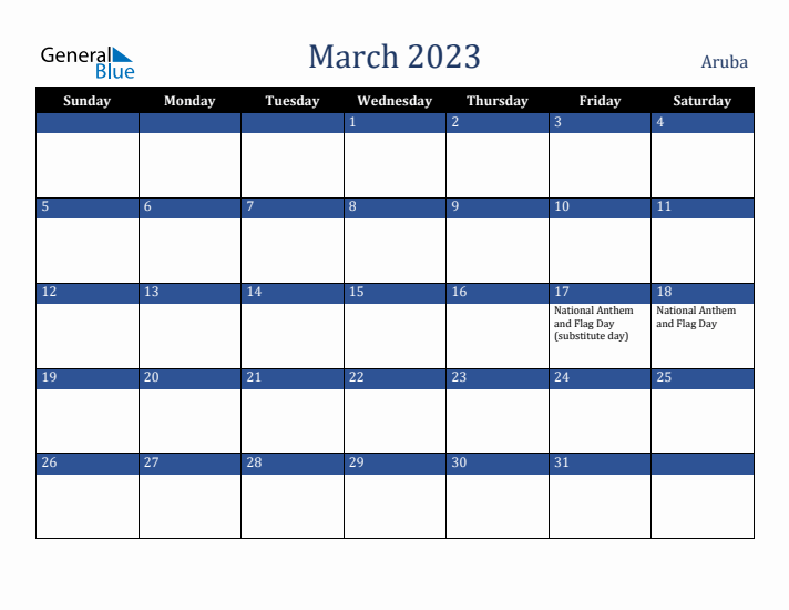 March 2023 Aruba Calendar (Sunday Start)
