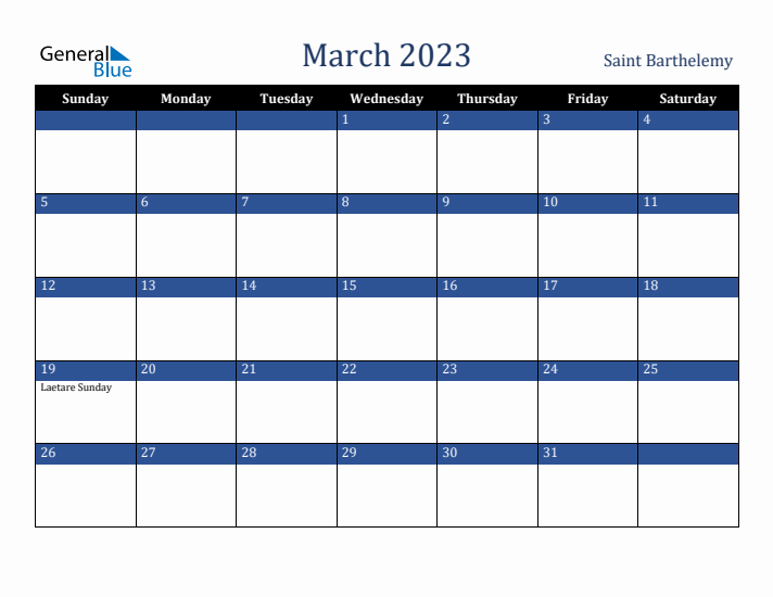 March 2023 Saint Barthelemy Calendar (Sunday Start)
