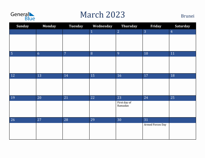 March 2023 Brunei Calendar (Sunday Start)