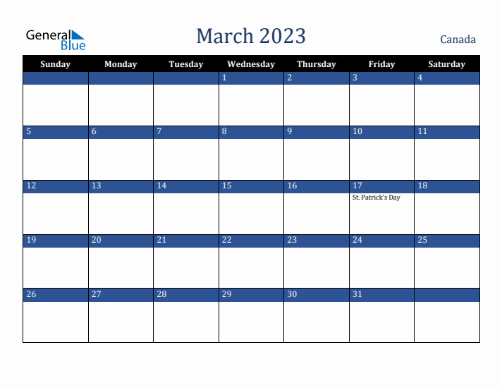 March 2023 Canada Calendar (Sunday Start)