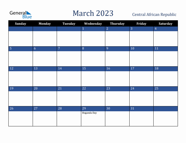 March 2023 Central African Republic Calendar (Sunday Start)