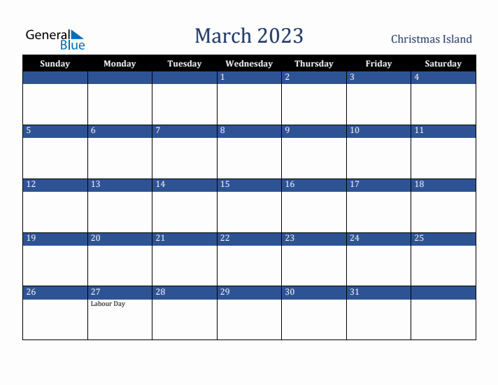 March 2023 Christmas Island Calendar (Sunday Start)