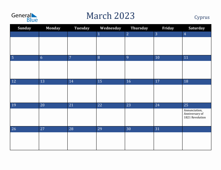 March 2023 Cyprus Calendar (Sunday Start)