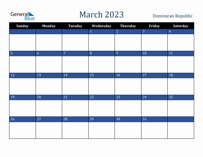 March 2023 Dominican Republic Calendar (Sunday Start)