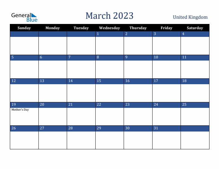 March 2023 United Kingdom Calendar (Sunday Start)