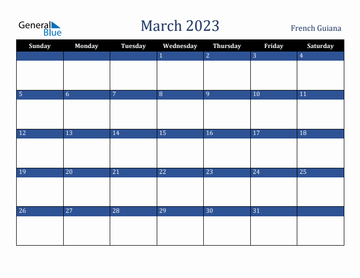 March 2023 French Guiana Calendar (Sunday Start)