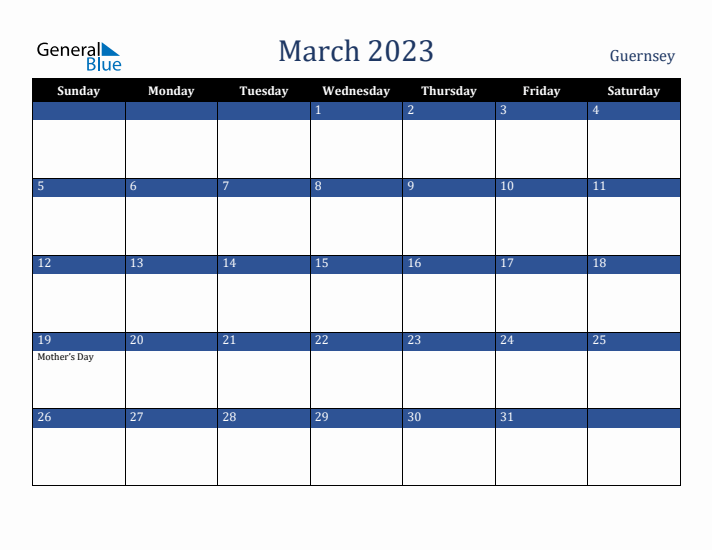 March 2023 Guernsey Calendar (Sunday Start)