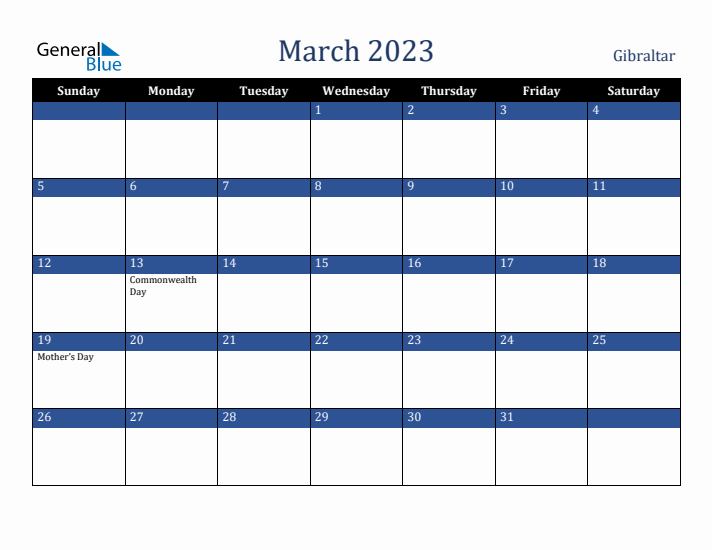 March 2023 Gibraltar Calendar (Sunday Start)