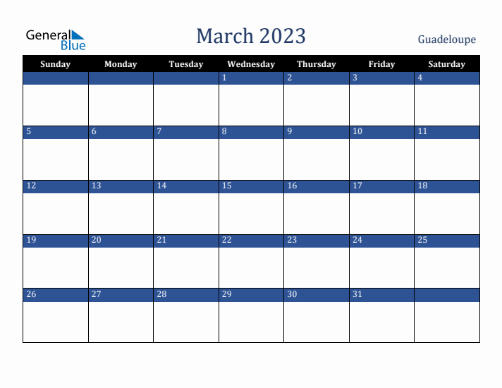 March 2023 Guadeloupe Calendar (Sunday Start)