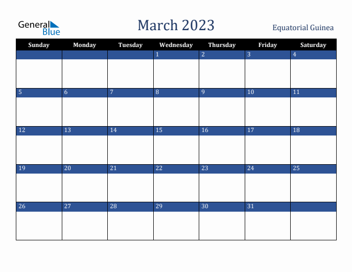 March 2023 Equatorial Guinea Calendar (Sunday Start)
