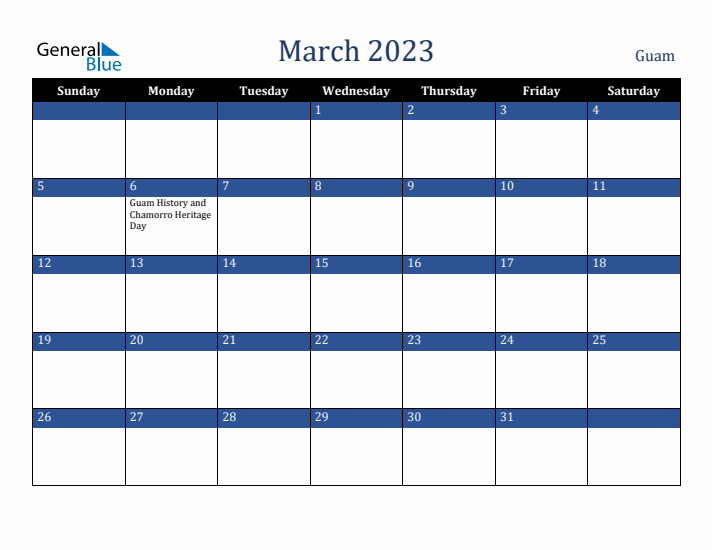 March 2023 Guam Calendar (Sunday Start)