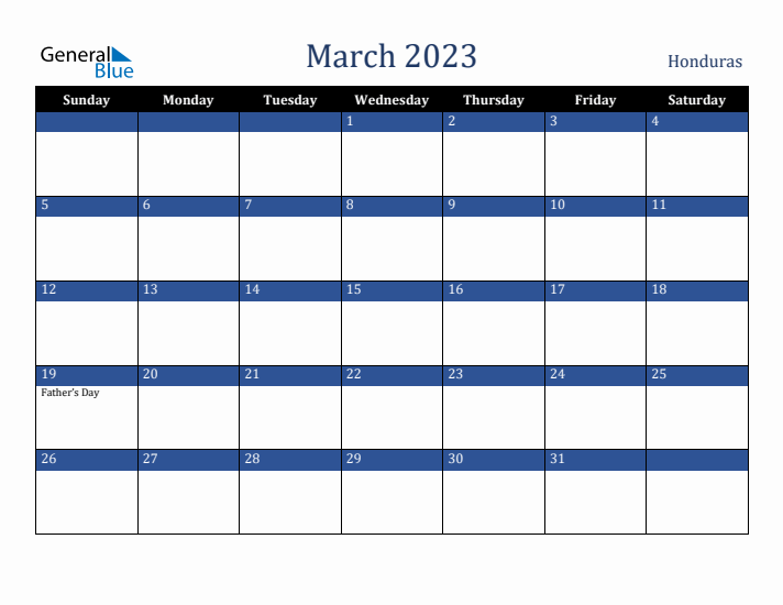 March 2023 Honduras Calendar (Sunday Start)