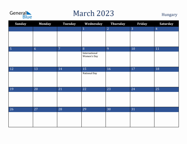 March 2023 Hungary Calendar (Sunday Start)
