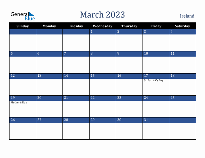 March 2023 Ireland Calendar (Sunday Start)