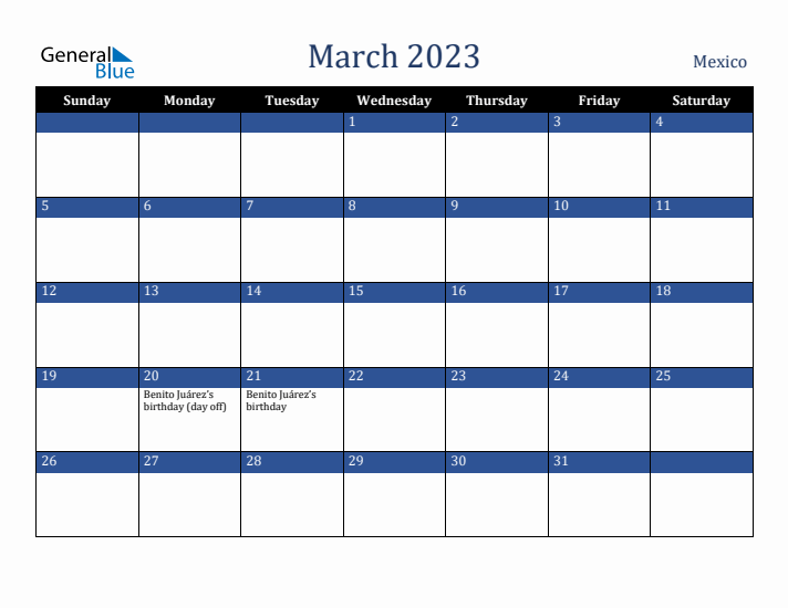 March 2023 Mexico Calendar (Sunday Start)