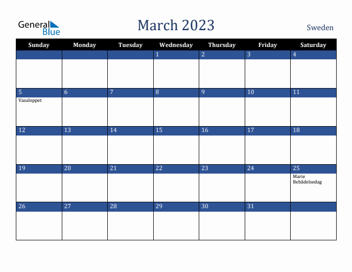 March 2023 Sweden Calendar (Sunday Start)