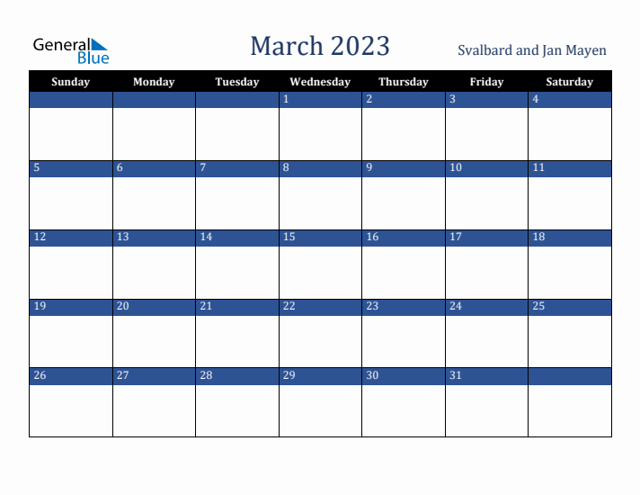 March 2023 Svalbard and Jan Mayen Calendar (Sunday Start)