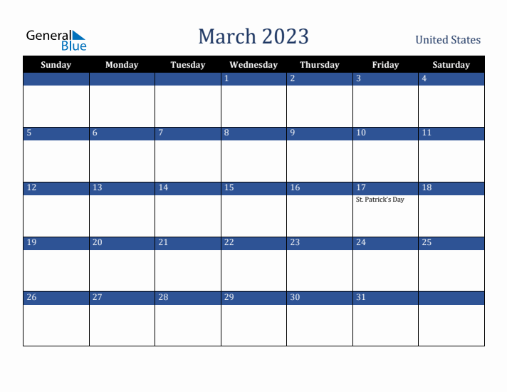 March 2023 United States Calendar (Sunday Start)