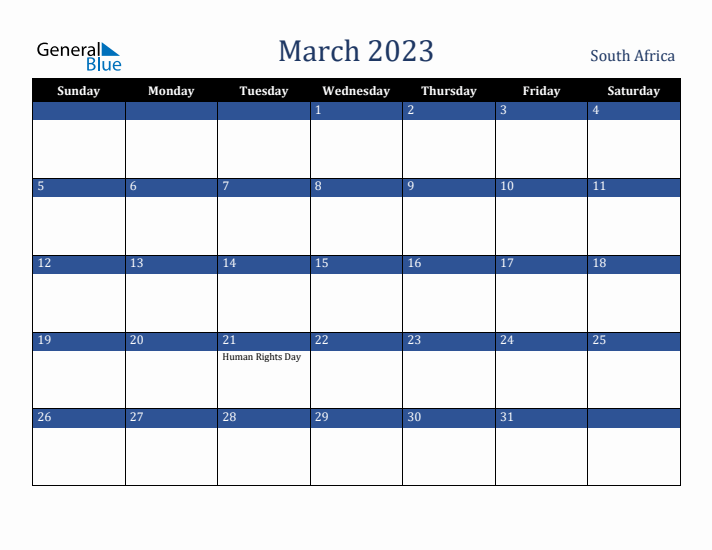 March 2023 South Africa Calendar (Sunday Start)