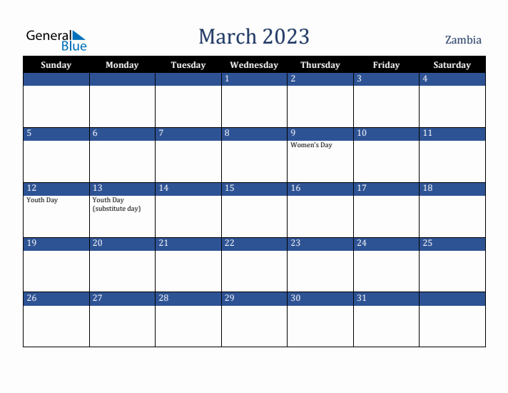 March 2023 Zambia Calendar (Sunday Start)