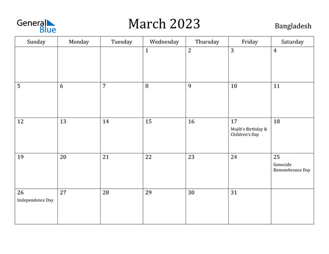 March 2023 Calendar with Bangladesh Holidays