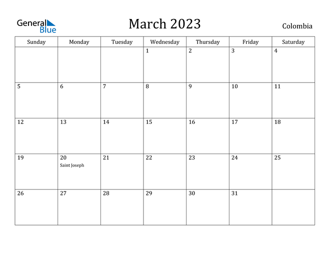March 2023 Calendar Colombia