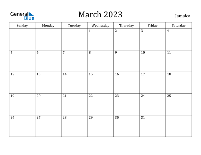 March 2023 Calendar with Jamaica Holidays