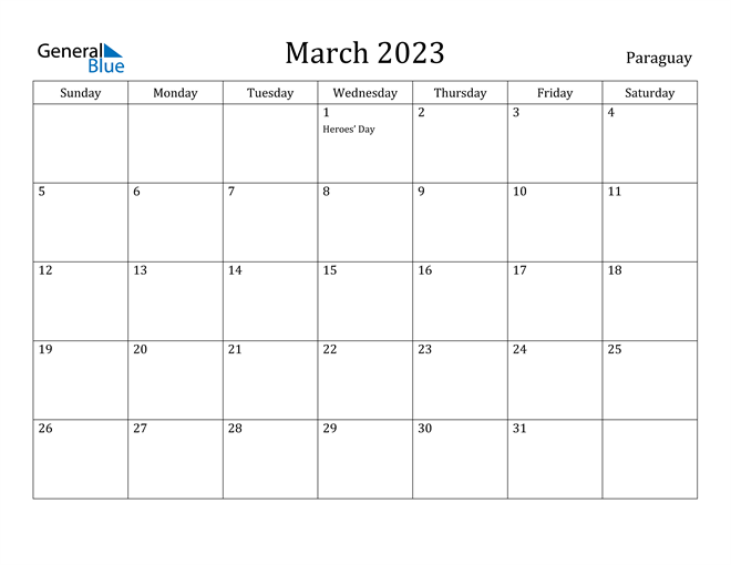 March 2023 Calendar Paraguay