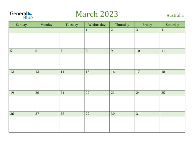 March 2023 Calendar With Australia Holidays
