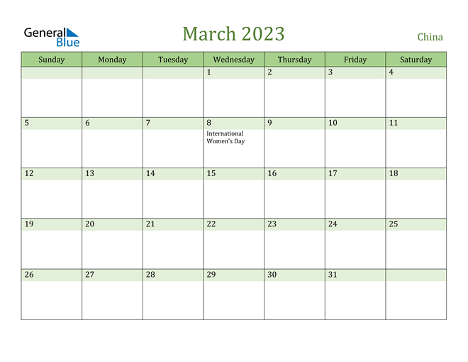March 2023 Calendar with China Holidays
