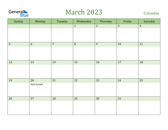 March 2023 Calendar with Colombia Holidays