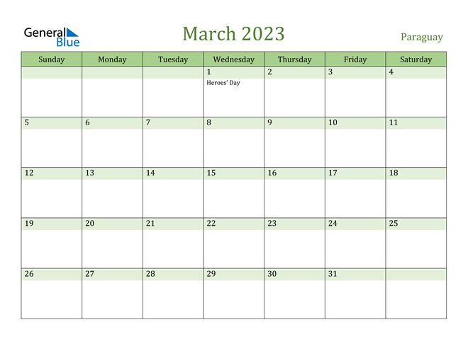 March 2023 Calendar with Paraguay Holidays