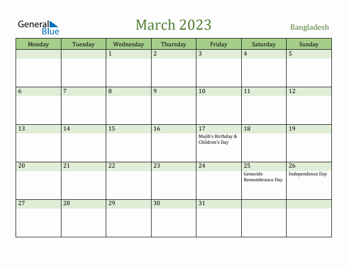 March 2023 Calendar with Bangladesh Holidays