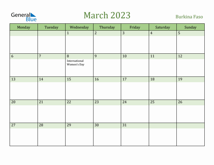 March 2023 Calendar with Burkina Faso Holidays