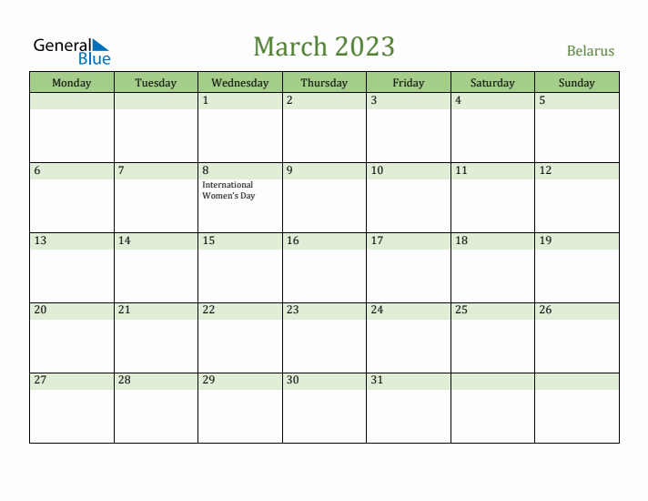 March 2023 Calendar with Belarus Holidays