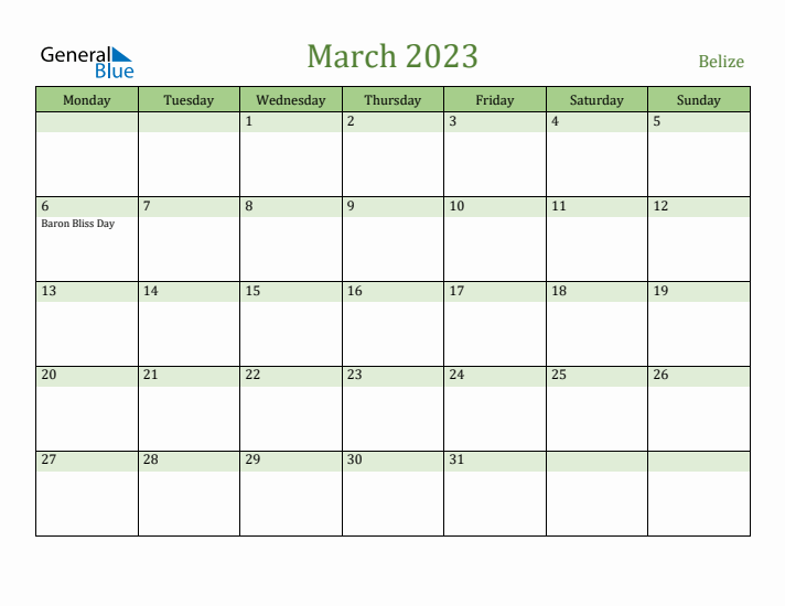 March 2023 Calendar with Belize Holidays