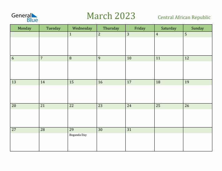 March 2023 Calendar with Central African Republic Holidays