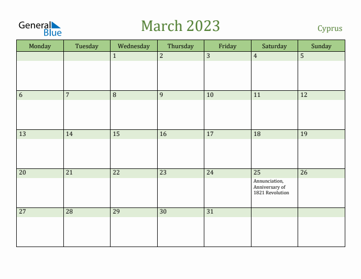 March 2023 Calendar with Cyprus Holidays