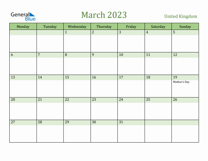 March 2023 Calendar with United Kingdom Holidays