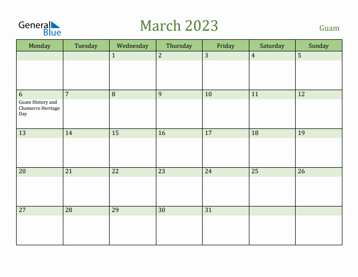 March 2023 Calendar with Guam Holidays