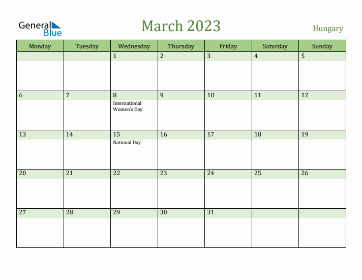 March 2023 Calendar with Hungary Holidays