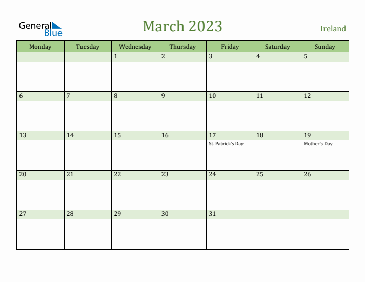 March 2023 Calendar with Ireland Holidays
