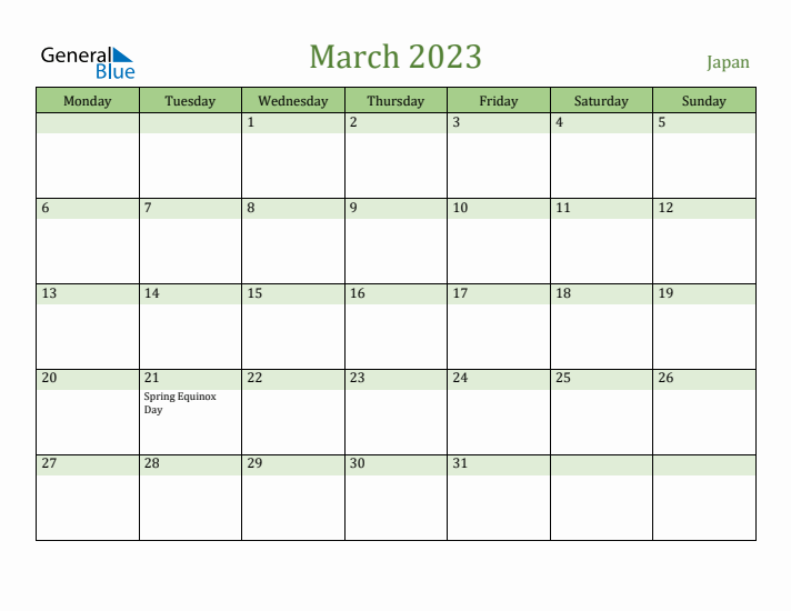 March 2023 Calendar with Japan Holidays