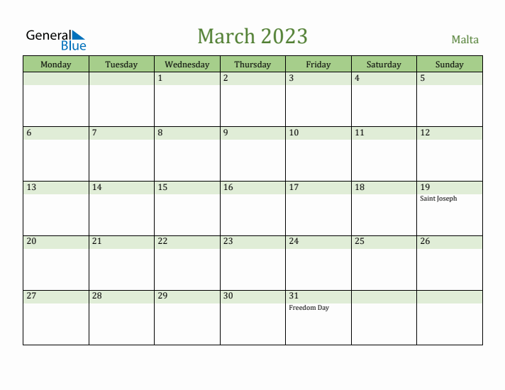 March 2023 Calendar with Malta Holidays