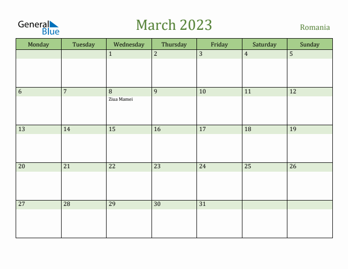 March 2023 Calendar with Romania Holidays