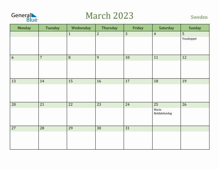 March 2023 Calendar with Sweden Holidays