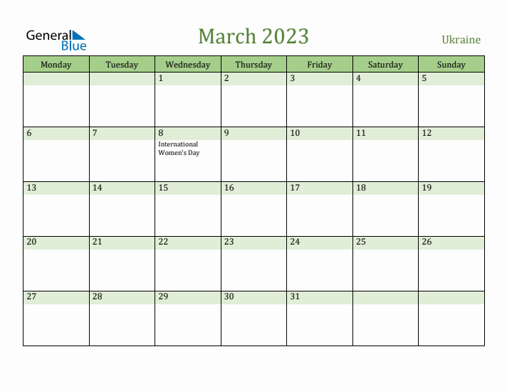 March 2023 Calendar with Ukraine Holidays