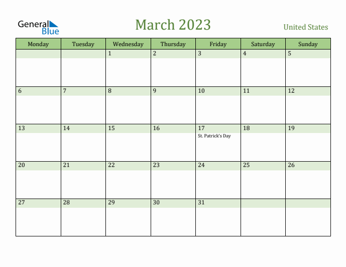 March 2023 Calendar with United States Holidays